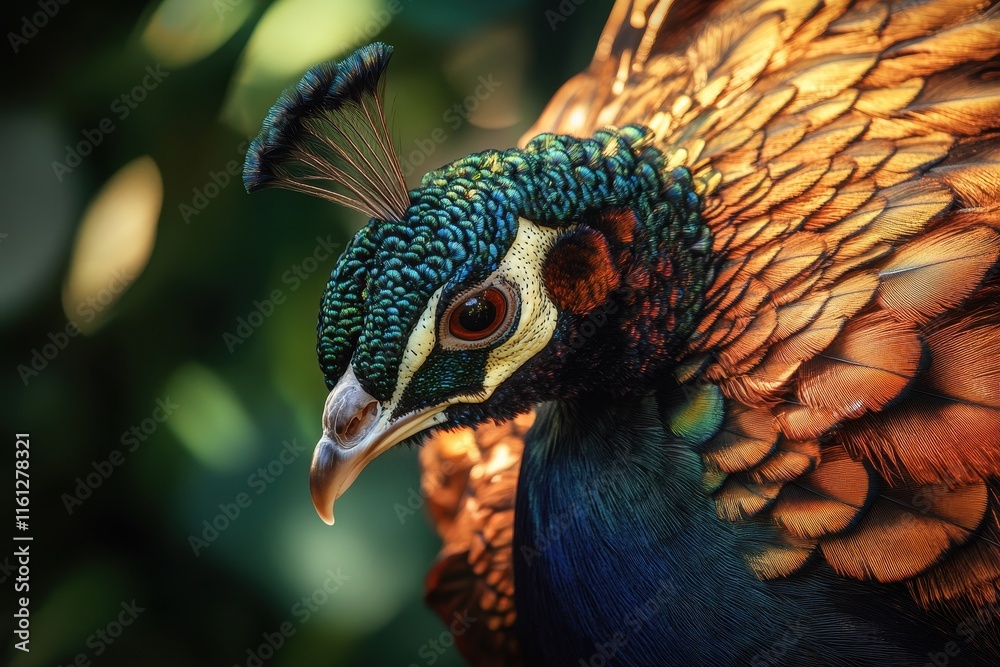 Obraz premium A peacock displays its striking plumage, showcasing a mix of rich greens and warm oranges in a lush outdoor environment, capturing the beauty of wildlife.
