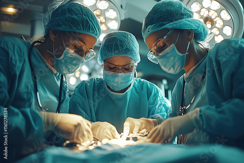 team of surgeons in a brightly lit operating room, wearing scrubs and masks, working with precision on a critical procedure, professional and focused atmosphere, realistic details, medical care repres