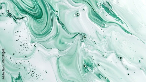 top view on light green and white color abstract acrylic paint fluid art in marble shapes, on texture background