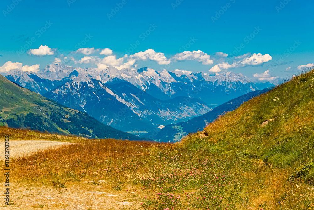 Fototapeta premium Alpine summer view at Mount Schoenjoch, Fiss, Inntal valley, Samnaun, Landeck, Tyrol, Austria