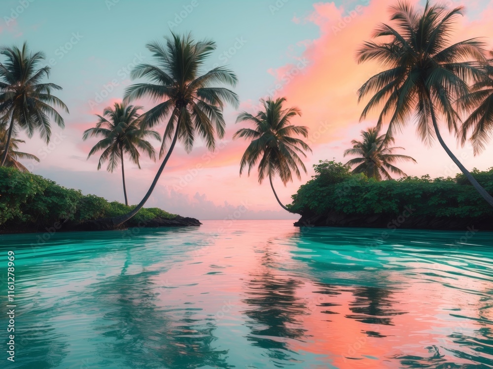 Serene Tropical Island at Sunset with Palm Trees and Calm Water Serene Tropical Island at Sunset with Palm Trees and Calm Water