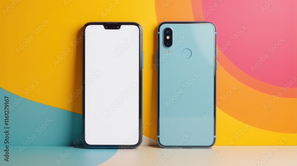 Two modern smartphones with blank screens are displayed against a colorful split background of yellow, pink, and blue geometric shapes Two modern smartphones with blank screens are displayed against a colorful split background of yellow, pink, and blue geometric shapes
