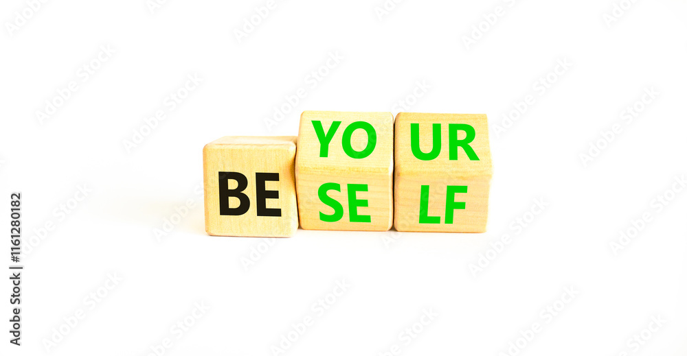 Motivational be yourself symbol. Concept words Be yourself on beautiful wooden block. Beautiful white table white background. Business motivational be yourself concept. Copy space. Motivational be yourself symbol. Concept words Be yourself on beautiful wooden block. Beautiful white table white background. Business motivational be yourself concept. Copy space.