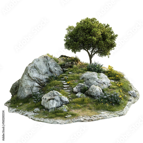 Tranquil Hilltop Oasis: A Serene 3D Render of a Rocky Island with Lush Greenery and a Solitary Tree photo