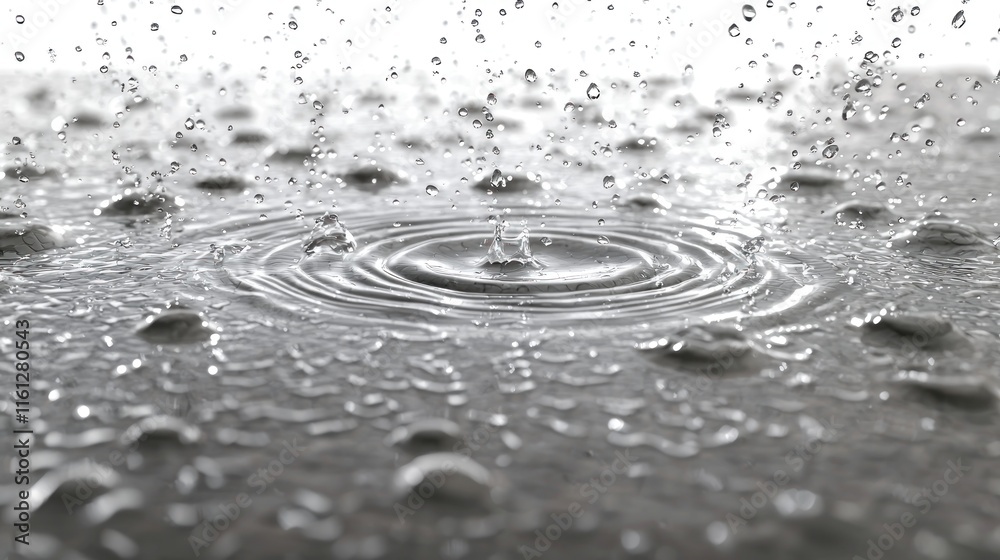 Close-up of raindrops creating ripples on a surface. Close-up of raindrops creating ripples on a surface.