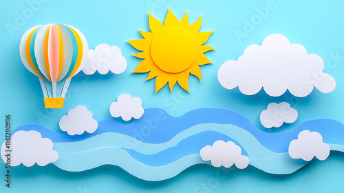 Charming paper cut sky landscape backdrop featuring ample white space for text