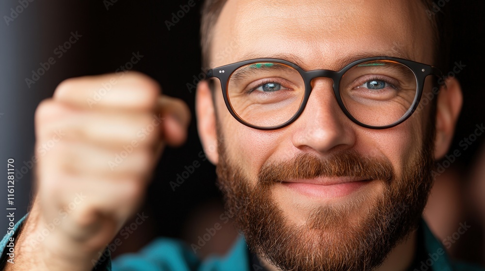 A confident man with glasses and a beard smiles warmly while showing a raised fist, symbolizing determination and positivity, This image is ideal for motivational content or business themes, A confident man with glasses and a beard smiles warmly while showing a raised fist, symbolizing determination and positivity, This image is ideal for motivational content or business themes,