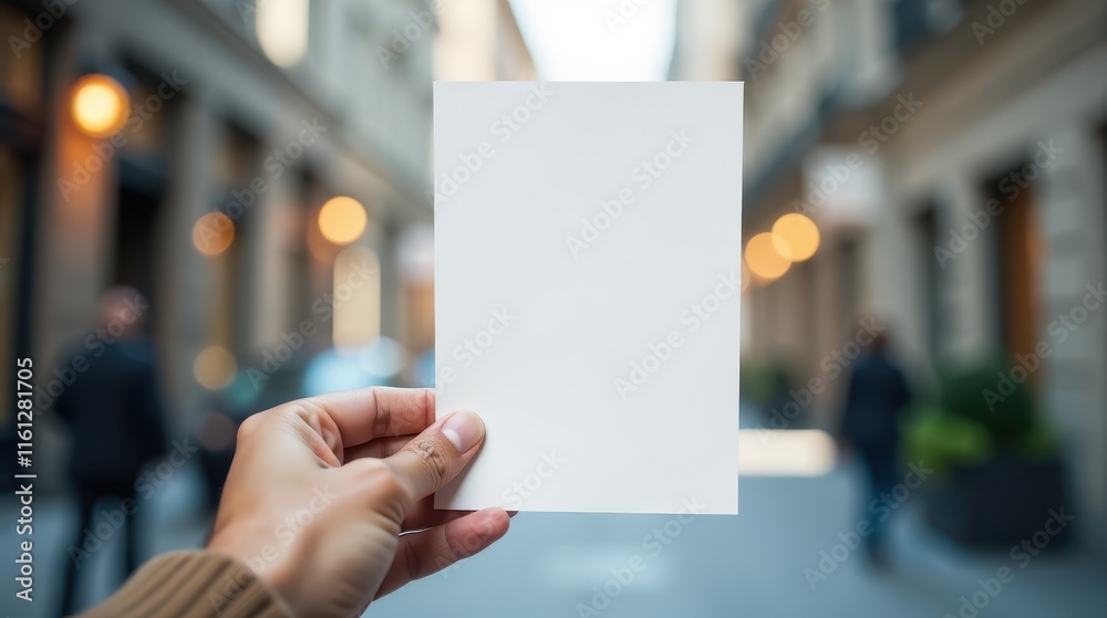 A person holds a blank sheet in focus against a blurred urban street scene with pedestrians A person holds a blank sheet in focus against a blurred urban street scene with pedestrians