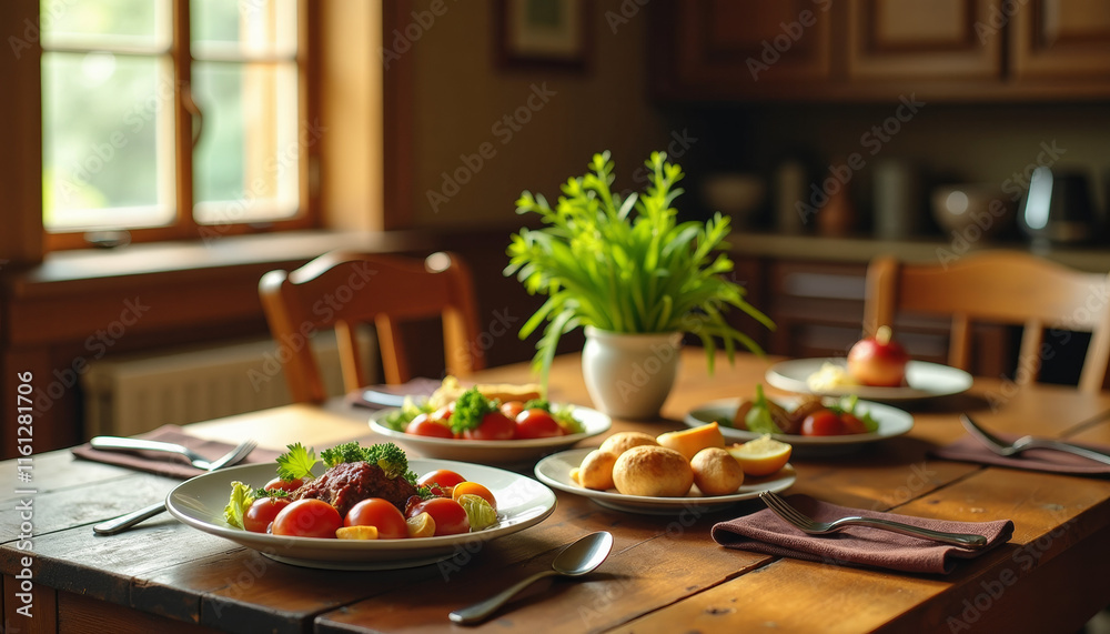 Rustic Farmhouse Dining Table with a Delicious Meal Rustic Farmhouse Dining Table with a Delicious Meal