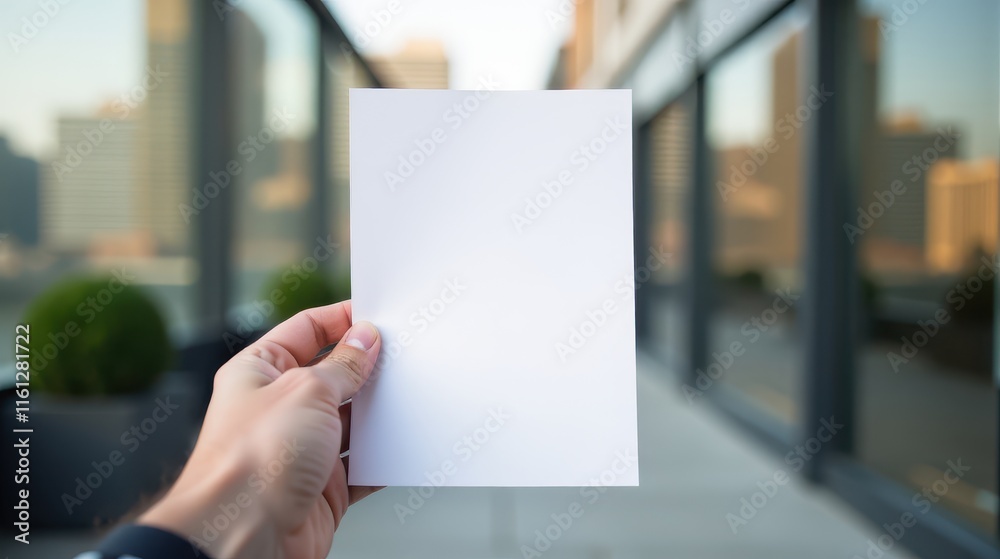 A person holds a blank sheet in focus against a blurred urban street scene with pedestrians A person holds a blank sheet in focus against a blurred urban street scene with pedestrians