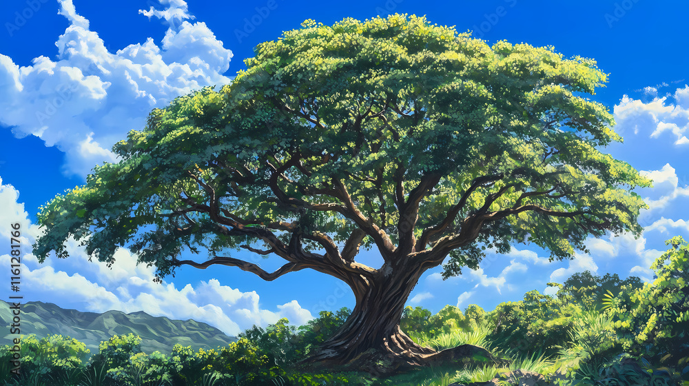 Majestic ironwood tree in lush hawaii landscape with vibrant greenery and clear blue skies above. Ebonwood. Illustration Majestic ironwood tree in lush hawaii landscape with vibrant greenery and clear blue skies above. Ebonwood. Illustration