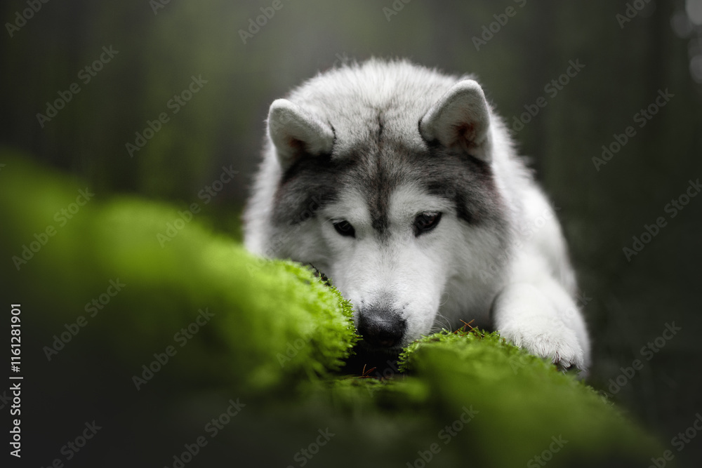 beautiful grey and white siberian husky dog portrait in the green fog pine forest on the moss