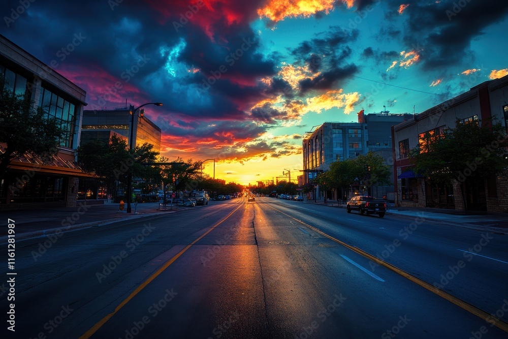 Fototapeta premium Colorful hues of orange and blue light up the sky at sunset, casting reflections on the wet asphalt of a city street lined with trees and buildings.