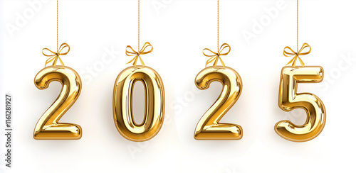 Banner with golden christmas decorations, numbers 2025 on ribbon, on white background. Design element, new year card,