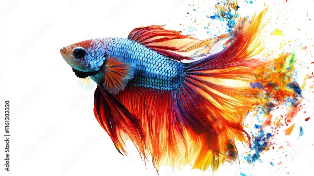 Fototapeta premium A vibrant betta fish with flowing fins, surrounded by colorful splashes of paint.