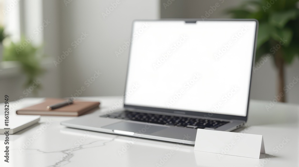 Fototapeta premium A sleek laptop and digital tablet sit on a minimalist white desk with a potted plant, creating a modern and clean workspace