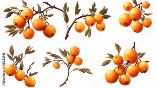 Set of hippophae rhamnoides (also known as sea-buckthorn, sandthorn, sallowthorn or seaberry) frontal isolated png on a transparent background perfectly cutout. Ebonwood. Illustration photo