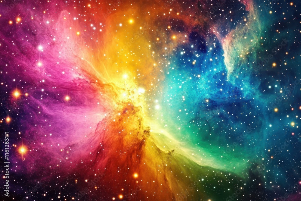 Fototapeta premium A colorful nebula glows in deep space, featuring swirling bands of pink, purple, blue, and green with a backdrop of sparkling stars illuminating the scene.