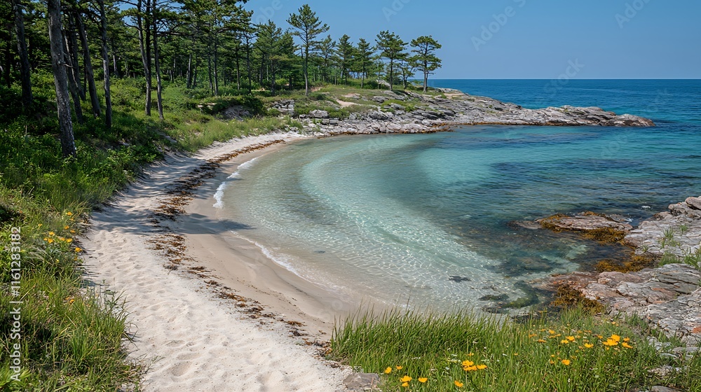 Serene coastal retreat with gentle waves and lush greenery under a clear blue sky Serene coastal retreat with gentle waves and lush greenery under a clear blue sky