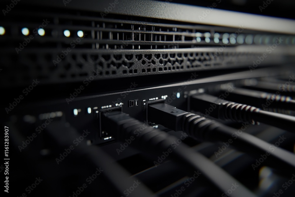 A close-up of a computer server in a data center shows neatly organized cables and illuminated status lights. This setup reflects a busy environment essential for network operations. A close-up of a computer server in a data center shows neatly organized cables and illuminated status lights. This setup reflects a busy environment essential for network operations.