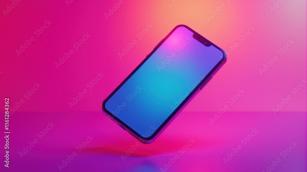 A modern smartphone elegantly floats against a vibrant gradient pink and blue background, highlighting its sleek design A modern smartphone elegantly floats against a vibrant gradient pink and blue background, highlighting its sleek design