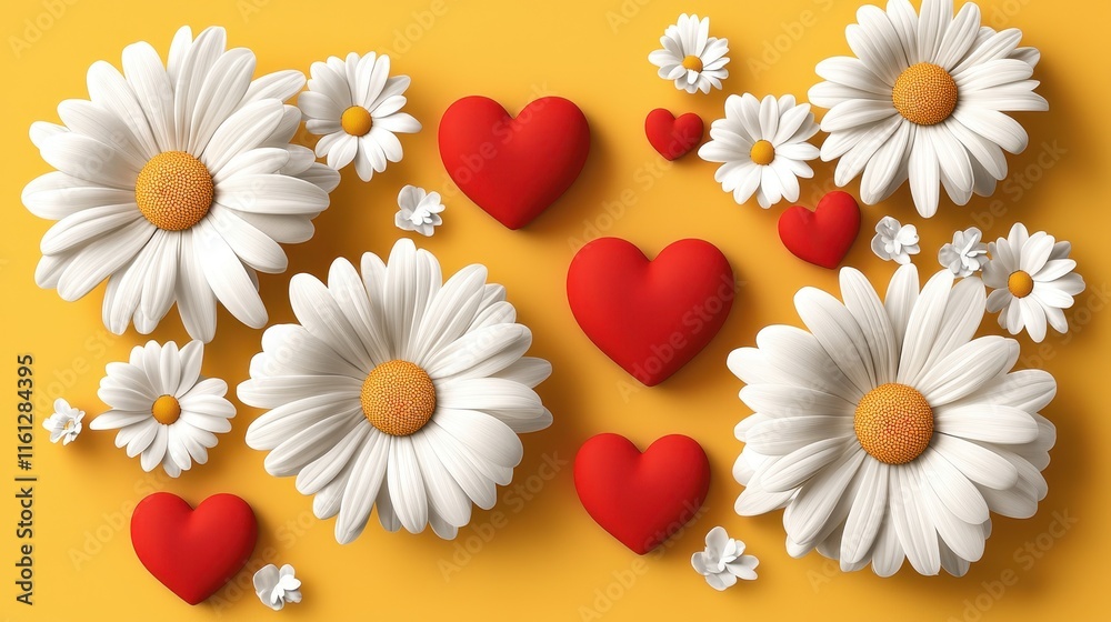 Obraz premium Colorful hearts and flowers arrangement bright yellow background graphic design cheerful atmosphere aesthetic viewpoint