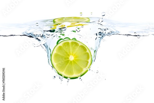 A lime slice splashing into clear water, creating dynamic ripples and bubbles.