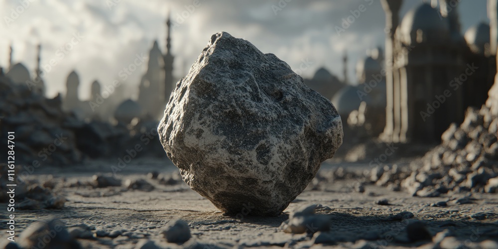 A large, textured rock stands prominently in a desolate, ruined landscape. A large, textured rock stands prominently in a desolate, ruined landscape.