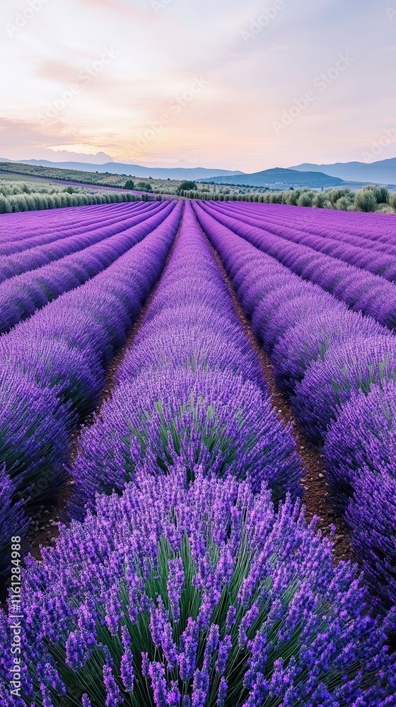 Vibrant Lavender Field in Full Bloom Under a Clear Sky During Early Evening Hours. Generative AI Vibrant Lavender Field in Full Bloom Under a Clear Sky During Early Evening Hours. Generative AI