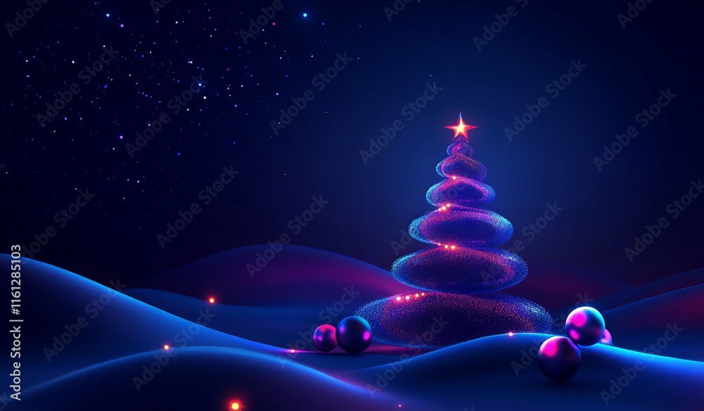 New Year background, a dark blue gradient background with a Christmas tree made of light and glowing New Year background, a dark blue gradient background with a Christmas tree made of light and glowing