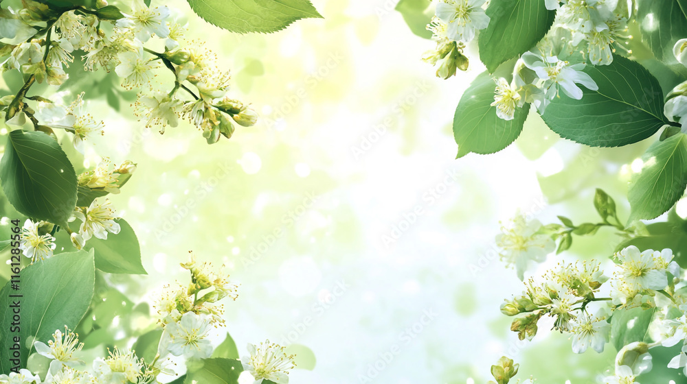 Fototapeta premium Spring Banner with Clusters of Linden Tree Flowers (Tilia Cordata, Europea, Small-Leaved Lime, Littleleaf Linden)