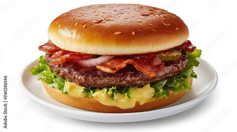 A delicious burger with a sesame seed bun, crispy bacon, a beef patty, lettuce, cheese, and sauce on a white plate. The combination of ingredients makes it visually appealing and appetizing. A delicious burger with a sesame seed bun, crispy bacon, a beef patty, lettuce, cheese, and sauce on a white plate. The combination of ingredients makes it visually appealing and appetizing.