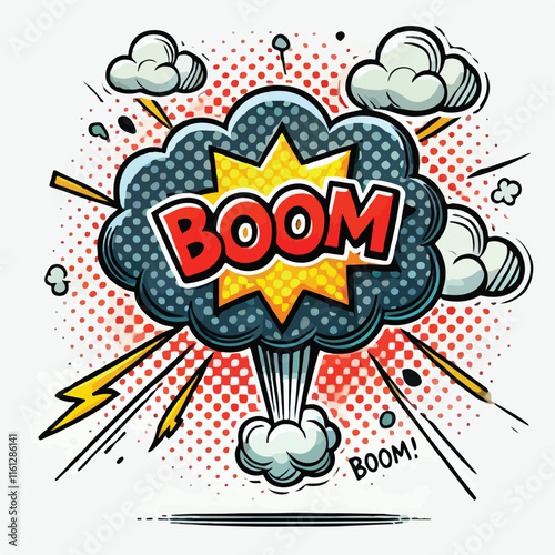 Cartoon comic sign burst cloud. Speech bubble, boom sign expression and   on a white background