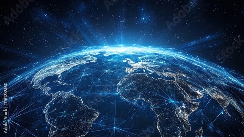Exploring global connectivity through digital networks earth view infographic outer space aerial perspective technology insights