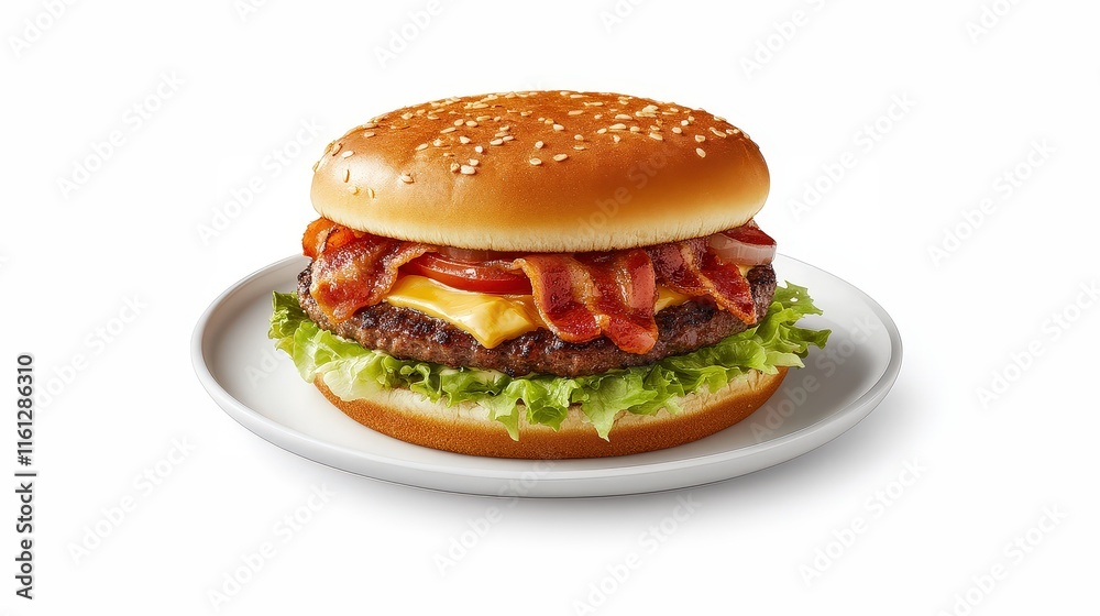 A delicious burger with a sesame seed bun, crispy bacon, a beef patty, lettuce, cheese, and sauce on a white plate. The combination of ingredients makes it visually appealing and appetizing. A delicious burger with a sesame seed bun, crispy bacon, a beef patty, lettuce, cheese, and sauce on a white plate. The combination of ingredients makes it visually appealing and appetizing.