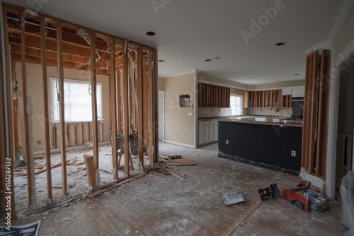 Renovation progress in a living room area with construction materials and tools scattered throughout