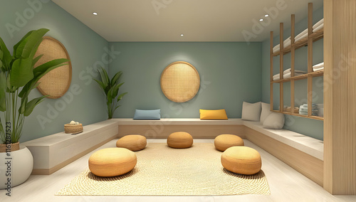 A serene relaxation space with cushions, plants, and shelves, ideal for mindfulness and comfort.