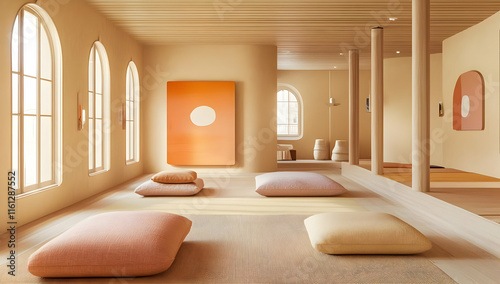 A serene, minimalistic interior with cushions and art, promoting relaxation and mindfulness.
