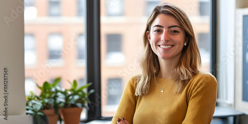 A smiling woman stands confidently in an office setting with plants and a city view.