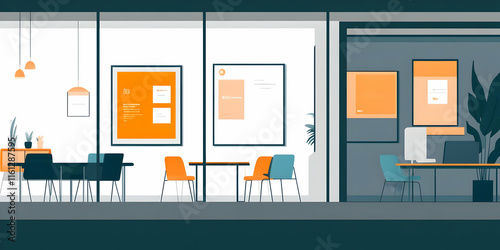 Modern office interior featuring colorful furniture and wall art for a collaborative workspace.