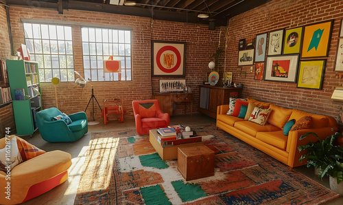 A vibrant living room with colorful furniture and artwork, designed for relaxation and creativity.