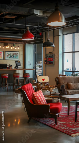 A cozy lounge area with modern decor, inviting seating, and a bar in a relaxed atmosphere.