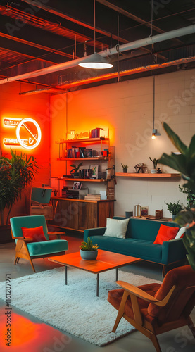 A cozy, modern living space with vibrant decor and plants, ideal for relaxation and socializing.