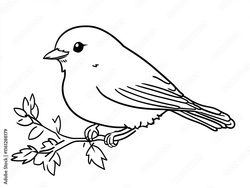 Obraz premium Charmingly Drawn Bird Perched on Branch Illustration: Simple Line Art. AI Generated