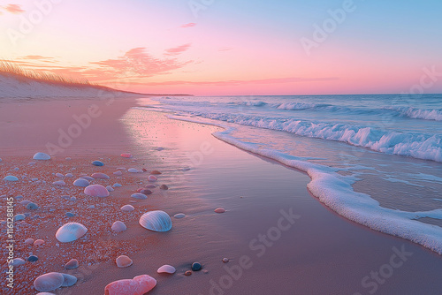 Photo réaliste d’une plage déserte au lever du soleil, où des teintes délicates de rose et d’orange colorent le ciel, tandis que de petites vagues caressent doucement le rivage de sable photo