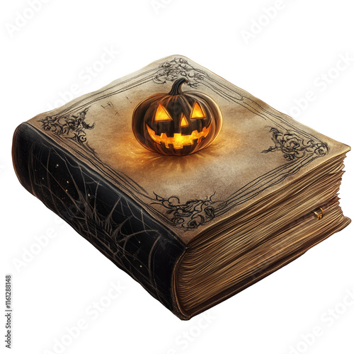 Spooky Halloween Jack-o'-lantern on Ancient Grimoire photo