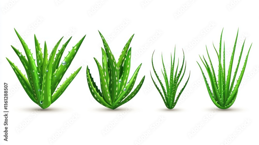 Fototapeta premium Vibrant Green Aloe Vera Plants Dewdrops White Background Illustration
