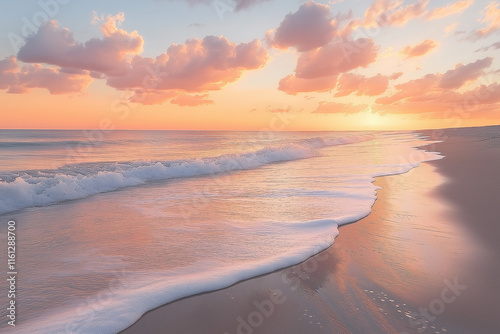 Photo réaliste d’une plage déserte au lever du soleil, où des teintes délicates de rose et d’orange colorent le ciel, tandis que de petites vagues caressent doucement le rivage de sable photo