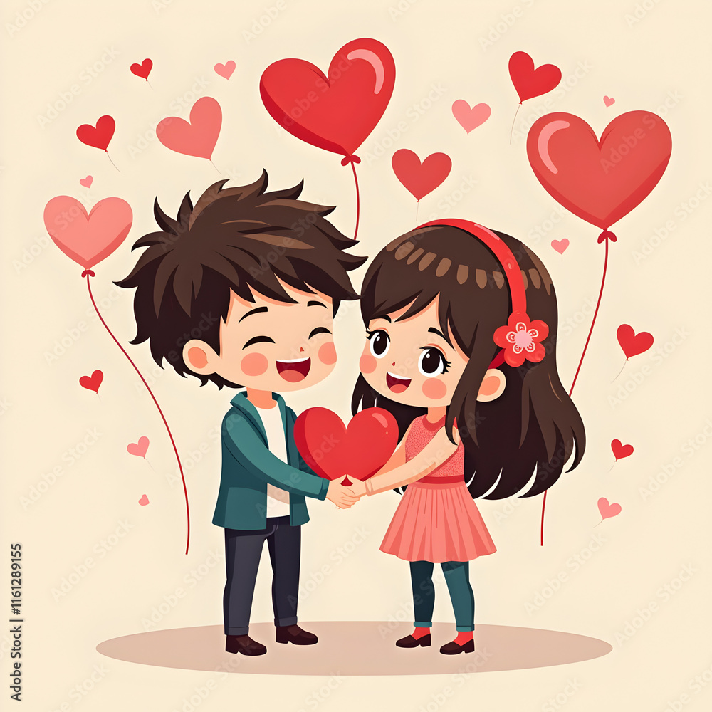 illustration of a couple celebrating Valentine's Day,chibi character illustration of a couple celebrating Valentine's Day,chibi character