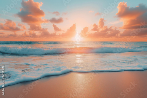 Photo réaliste d’une plage déserte au lever du soleil, où des teintes délicates de rose et d’orange colorent le ciel, tandis que de petites vagues caressent doucement le rivage de sable photo